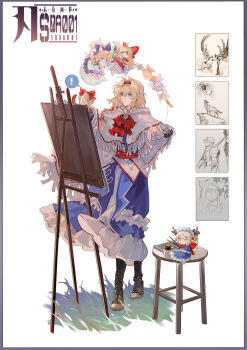 ! 1girl absurdres alice_margatroid alternate_hairstyle animal_ears antlers apron ascot blonde_hair blue_dress blue_eyes boots bow braid brown_boots cat_ears cat_tail chinese_commentary cloak closed_mouth commentary_request cross cross_earrings doll drawing_(object) dress earrings easel flower frilled_dress frilled_hairband frills grass hair_bow hair_ribbon hairband highres horns jewelry long_hair long_sleeves painting_(action) pointy_ears purple_skirt red_ascot red_bow red_dress red_hairband red_ribbon red_sash ribbon ribbon_braid sash single_braid skirt solo spoken_exclamation_mark stool tail touhou watercolor_tray white_apron white_background white_cloak white_headdress xiuchundao