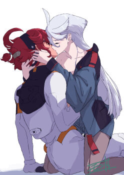 Rule 34 | 2girls, asticassia school uniform, black hairband, black pantyhose, bodysuit, closed eyes, commentary request, green jacket, green shorts, grey hair, gundam, gundam suisei no majo, hair up, hairband, hand on another's head, hand on another's waist, highres, jacket, kiss, long hair, miorine rembran, monto (user dmde2437), multiple girls, open clothes, open jacket, pantyhose, red hair, school uniform, shorts, simple background, spacesuit, straddling, suletta mercury, white background, white bodysuit, yuri