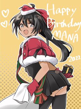 1girl alternate_costume black_eyes black_hair black_thighhighs blush box dark-skinned_female dark_skin gift gift_box gloves happy happy_birthday hat highres holding holding_sack long_hair looking_at_viewer luminous_witches manaia_matawhaura_hato okeke_power_nishiko open_mouth panties ponytail red_gloves sack santa_costume santa_hat smile solo thighhighs underwear white_panties world_witches_series