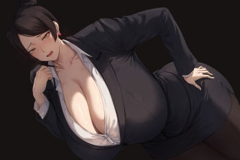 1girl bent_over bijin_onna_joushi_takizawa-san black_background black_hair black_jacket black_skirt blush breasts brown_eyes business_suit cleavage collared_shirt commentary curvy dress_shirt dutch_angle earrings english_commentary formal_clothes gigantic_breasts hair_bun hand_on_own_hip highres jacket jewelry looking_at_viewer mature_female open_mouth parted_bangs partially_unbuttoned pencil_skirt shirt skirt solo suit takizawa_kyouko tight_clothes white_shirt zer0.zer0