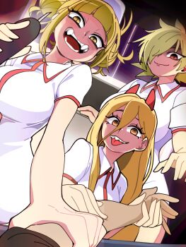 3girls absurdres blonde_hair blunt_bangs blush boku_no_hero_academia bongftah breasts chainsaw_man cross-shaped_pupils demon_horns double_bun fangs hair_between_eyes hair_bun hat hellsing highres holding holding_syringe horns large_breasts long_hair looking_at_viewer messy_hair multiple_girls nurse nurse_cap open_mouth power_(chainsaw_man) red_eyes red_horns seras_victoria sharp_teeth short_hair short_sleeves sidelocks smile symbol-shaped_pupils syringe teeth toga_himiko vampire yellow_eyes