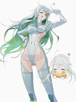 1girl breasts fate/grand_order fate_(series) gamdol_1 green_eyes green_hair highres kukulkan_(fate) kukulkan_(second_ascension)_(fate) large_breasts leotard long_hair looking_at_viewer solo white_hair white_leotard