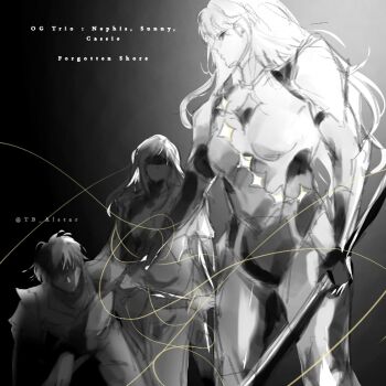 1boy 2girls armor bent_over blindfold cassie_(shadow_slave) character_name english_text feet_out_of_frame holding holding_sword holding_weapon long_hair multiple_girls nephis_(shadow_slave) shadow_slave shoulder_armor shoulder_pads spot_color star_lantern string sunny_(shadow_slave) sword tunic weapon