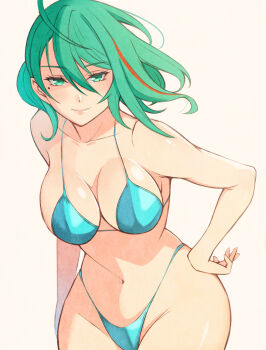 ahoge asymmetrical_hair bikini blue_bikini dead_or_alive dead_or_alive_6 dead_or_alive_xtreme dead_or_alive_xtreme_venus_vacation green_eyes green_hair highres konishiki_(52siki) mole mole_under_eye multicolored_hair streaked_hair swimsuit tagme tamaki_(doa)