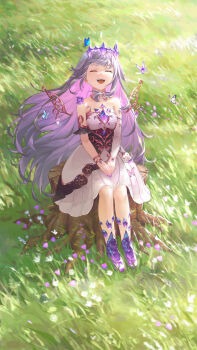 1girl absurdres ankle_boots arm_garter black_corset boots bug butterfly chest_jewel circlet colored_inner_hair commentary corset day detached_collar detached_sleeves detached_wings dress facing_viewer floating_hair full_body gem gradient_hair grass grey_hair hair_flaps hand_jewel highres hololive hololive_english insect jewel_under_eye koseki_bijou koseki_bijou_(1st_costume) long_hair mcking multicolored_hair open_mouth outdoors pink_hair pleated_dress purple_boots purple_gem single_detached_sleeve sitting smile solo strapless strapless_dress teeth underbust upper_teeth_only very_long_hair virtual_youtuber white_dress white_sleeves wings