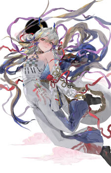 1girl absurdres arknights bare_shoulders black_shoes blonde_hair blue_hair breasts commentary_request dragon_girl dragon_horns dragon_tail eastern_dragon_horns eastern_dragon_tail grey_eyes grey_hair hair_between_eyes hair_intakes highres horns long_hair looking_at_viewer multicolored_hair pants pointy_ears qingfeng_canying shoes shu_(arknights) small_breasts smile strapless tail tube_top very_long_hair white_pants white_tube_top