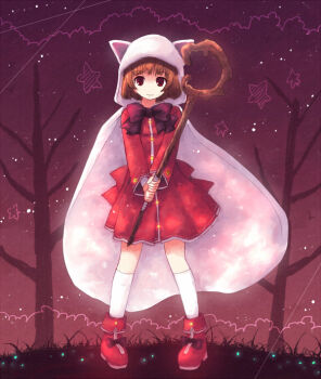 1990s_(style) 1girl animal_hood bad_id bad_pixiv_id brown_hair cat_hood female_focus final_fantasy final_fantasy_iii full_body hood nature outdoors red_eyes retro_artstyle robe smile solo staff star_(symbol) white_mage_(final_fantasy) yakka