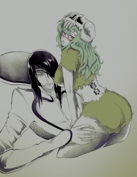 back_tattoo black_hair bleach breasts collarbone commentary english_commentary espada eyepatch facial_mark grabbing_another&#039;s_thigh green_hair highres large_breasts long_hair mask mask_on_head nelliel_tu_odelschwanck nnoitra_gilga number_tattoo simple_background skull_on_head tattoo torn_clothes underboob veeepawoon