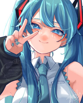 1girl blue_eyes blue_hair blue_nails blue_trim breasts closed_mouth collared_shirt detached_sleeves hair_between_eyes hair_ornament hatsune_miku highres long_hair long_sleeves mai_mugi medium_breasts shirt simple_background sleeveless sleeveless_shirt smile solo twintails twitter_username upper_body very_long_hair vocaloid white_background white_shirt
