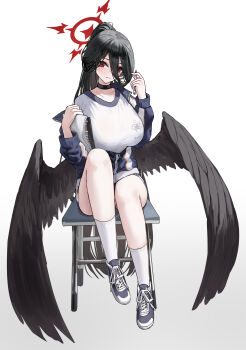 Rule 34 | 1girl, absurdres, black choker, black hair, black wings, blue archive, blue jacket, blue shorts, blue socks, breasts, choker, clipboard, commentary request, feathered wings, gym shirt, gym shorts, gym uniform, hair between eyes, halo, hasumi (blue archive), hasumi (track) (blue archive), highres, holding, holding clipboard, holding pen, huge breasts, jacket, jacket partially removed, long hair, looking at viewer, loushao, low wings, mole, mole under eye, official alternate costume, on stool, oversized wings, partially unzipped, pen, ponytail, red eyes, red halo, shirt, shorts, simple background, sitting, socks, solo, stool, track jacket, white background, white shirt, white socks, wings