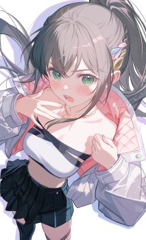 1girl asymmetrical_legwear black_skirt black_thighhighs blonde_hair blue_hair blush braid breasts brown_hair character_request cleavage collarbone commentary_request commission copyright_request cowboy_shot fishnet_thighhighs fishnets from_above frown green_eyes half_up_braid hand_on_own_chest highres jacket jewelry light_particles looking_at_viewer midriff miniskirt multicolored_hair necklace nono_i831 open_clothes open_jacket open_mouth pink_hair ponytail shirt skeb_commission skirt small_breasts solo strapless teeth thighhighs thighs tongue tube_top white_jacket white_shirt wind