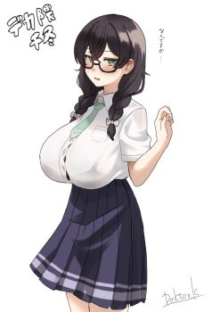1girl black_hair blue_skirt blush braid breasts dekakuma_chan doktor_k glasses green_necktie hanakuma_chifuyu highres large_breasts legs_out_of_frame looking_at_viewer necktie open_mouth original school_uniform see-through_clothes see-through_shirt shirt sign signed simple_background skirt solo standing tagme twin_braids twintails visible_ears white_background white_shirt
