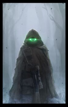 absurdres bare_tree bolt_action border fog glowing glowing_eyes gun highres hood leaf looking_at_viewer military military_uniform night-vision_device oota_youjo original poncho rifle scope sniper sniper_rifle solo tree weapon