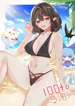 Rule 34 | 1girl, alternate costume, beach, bikini, bird, black bikini, black bird, blue sky, breasts, brown hair, character doll, chinese text, cirno, cleavage, cloud, commentary request, day, doll, food, fumo (doll), highres, large breasts, looking at viewer, milestone celebration, missing headwear, missing wings, navel, ocean, open mouth, paraselene, parfait, pointy ears, red eyes, sand, shameimaru aya, signature, sitting, sky, smile, solo, stomach, swimsuit, thighs, touhou, translation request