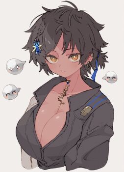1girl arknights arouni22 black_shirt blue_ribbon braid breasts cleavage closed_mouth commentary_request cropped_torso dark-skinned_female dark_skin ear_piercing eyelashes genderswap genderswap_(mtf) hair_ornament hair_ribbon highres jewelry large_breasts orange_eyes piercing ponytail ribbon shirt short_ponytail side_braid simple_background solo thorns_(arknights) thorns_the_lodestar_(arknights) upper_body