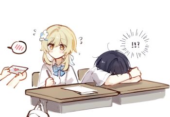 1boy 1girl arm_rest black_hair blonde_hair blue_bow blue_flower blush bow chair collared_shirt cowlick desk disembodied_hand feather_hair_ornament feathers flower flying_sweatdrops genshin_impact hair_flower hair_ornament hairclip head_down head_rest heart_seal highres holding holding_letter hook huhu_norii letter looking_to_the_side loose_hair_strand love_letter lumine_(genshin_impact) multicolored_flower no_mouth paper scaramouche_(genshin_impact) school_desk shirt short_hair short_hair_with_long_locks short_sleeves sidelocks single_hair_intake sitting spoken_blush white_background white_bag white_feathers white_flower white_shirt white_sleeves wristband yellow_eyes