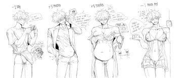 1cuntboy big_belly blush breast_expansion breast_growth breasts condom condom_wrapper couple crossdressing cuntboy cuntboy_with_male english_text getou_suguru gojou_satoru highres jujutsu_kaisen lingerie male_lactation male_pregnancy monochrome pregnancy_progression pregnant pregnant_cuntboy pussy short_hair solo_focus underwear xyu909661