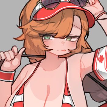 armband armpits bag benevolent_leanne bikini bra breasts cleavage cropped_head cropped_torso eyewear_on_head green_eyes grey_background holding holding_bag huge_breasts kim_aendeo last_origin licking_lips long_hair looking_at_viewer messy_hair portrait red_armband red_bra red_visor sagging_breasts sexually_suggestive sunglasses swept_bangs swimsuit tan tanline tongue tongue_out tsurime underwear unkempt