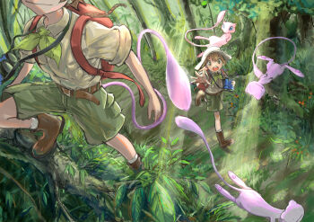 Rule 34 | 2boys, :o, absurdres, backpack, bag, binoculars, boots, brown footwear, brown hair, budding expeditioner (pokemon), commentary request, day, forest, gen 1 pokemon, green shorts, hat, highres, holding, holding binoculars, leg up, legendary pokemon, light rays, male focus, mew (pokemon), multiple boys, mythical pokemon, nature, nintendo, open mouth, outdoors, outstretched arm, pokemon, pokemon (creature), pokemon tcg, pokemon tcg pocket, shirt, short hair, shorts, spread fingers, standing, standing on one leg, teeth, tori niwa, tree, upper teeth only, white hat