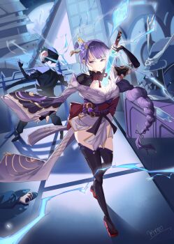 1girl 2boys arm_up artist_name back_bow black_thighhighs blue_background blue_pupils blunt_bangs bow braid breasts bridal_gauntlets cleavage clothing_cutout commentary_request death defeat electricity fan_hair_ornament flower flower_ornament full_body genshin_impact glowing glowing_sword glowing_weapon hair_flowing_over hair_ornament hampo1219 highres holding holding_sword holding_weapon indoors japanese_clothes kimono large_breasts long_braid long_hair looking_to_the_side mole mole_under_eye multicolored_eyes multiple_boys neck_ribbon off_shoulder purple_eyes purple_flower purple_hair purple_kimono raiden_shogun red_ribbon red_sash ribbon sash shade shoulder_cutout signature single_braid solo_focus standing sword thighhighs thighs walking weapon wide_sleeves