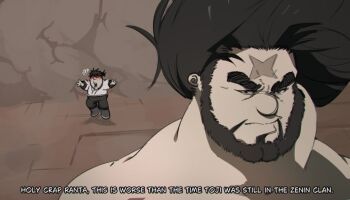 2boys ? ?? beard big_nose black_eyes black_hair closed_mouth commentary cross_scar english_commentary english_text facial_hair family_guy floating_hair jujutsu_kaisen kowai_(iamkowai) long_hair multiple_boys parody scar scar_on_face scar_on_forehead subtitled zen'in_jinichi zen'in_ranta