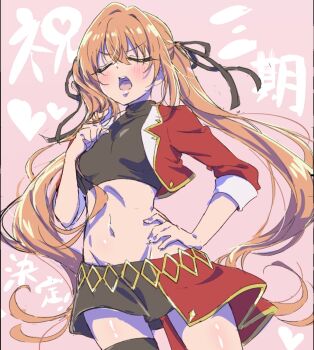 1girl belt black_shirt black_skirt blush breasts closed_eyes collared_jacket cowboy_shot crop_top cropped_jacket diamond_print embarrassed floating_hair from_below gold_belt gold_trim groin hair_between_eyes hair_intakes hair_ribbon hamuhamufa hand_on_own_chest hand_on_own_hip heart highres idol_clothes inda_karane jacket kimi_no_koto_ga_dai_dai_dai_dai_daisuki_na_100-nin_no_kanojo long_hair lowleg lowleg_skirt miniskirt navel open_mouth orange_hair pink_background red_jacket red_skirt ribbon shirt simple_background single_thighhigh skirt small_breasts solo stomach teeth thighhighs three-quarter_sleeves twintails two-tone_skirt upper_teeth_only v-shaped_eyebrows very_long_hair