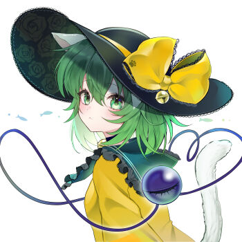 1girl :&lt; absurdres animal_ears bell black_hat blush bow cat_ears cat_girl cat_tail closed_mouth collared_shirt commentary_request eyeball fish floral_print frilled_shirt_collar frills green_eyes green_hair hat hat_bow heart heart_of_string highres kemonomimi_mode komeiji_koishi looking_at_viewer neck_bell print_hat rose_print samon_(vxxr8575) shirt solo tail third_eye touhou yellow_bow yellow_shirt