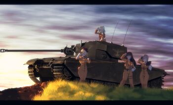 4girls absurdres belt brown_hair character_request commentary_request dress girls_und_panzer grass grey_hair hat highres holding jinguu_(4839ms) long_hair mature_female military_vehicle motor_vehicle multiple_girls nishizumi_shiho orange_dress outdoors shimada_chiyo standing tank vehicle_request