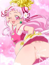 1girl aftersex anus ass body_writing censored cowboy_shot cum cum_in_pussy cumdrip cure_yell earrings from_behind hugtto!_precure jewelry loli long_hair looking_at_viewer looking_back miniskirt mosaic_censoring mushiro_(nijie728995) navel no_panties nono_hana one_eye_closed pink_eyes pink_hair pom_pom_(cheerleading) precure pregnant pussy shirt skirt sleeveless sleeveless_shirt smile solo spread_legs tally thigh_gap thighhighs white_thighhighs wink yellow_pom_poms