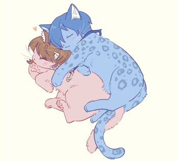 1boy 1girl :3 animal_ears animal_focus animalization blue_fur blue_hair blush brown_fur brown_hair cat cat_ears cat_tail choker closed_eyes closed_mouth commentary cuddling digital_media_player earrings full_body heads_together heart heart_choker highres jewelry leopard leopard_ears leopard_tail lying no_humans on_side pearl_earrings persona persona_3 tail takeba_yukari wavysea1007 whiskers white_choker yellow_background yuuki_makoto_(persona_3)