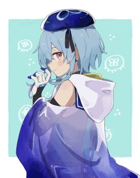 1boy arknights beret blue_background blue_cloak blue_hair blue_hat cloak closed_mouth commentary_request from_side gloves hair_between_eyes hat highres iwana_oishi jellyfish looking_at_viewer looking_back male_focus mizuki_(arknights) pink_eyes profile smile solo trap white_gloves