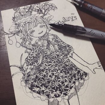 Rule 34 | 1girl, black eyes, closed mouth, commentary request, dress, egg, english text, floral print, flower, highres, indoors, karintoun, looking at viewer, original, paper, pen, photo (medium), plant, short hair, simple background, sketch, smile, straight-on, swept bangs, traditional media, white hair
