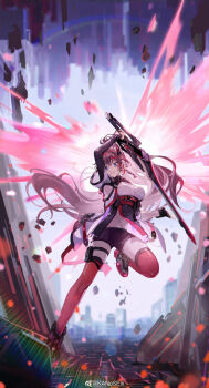 1girl aether_gazer armpits artist_name black_gloves blue_eyes braid breasts brown_hair building chinese_commentary elbow_gloves fingerless_gloves full_body gloves hair_between_eyes hair_ornament highres hitokoto holding holding_sword holding_weapon large_breasts light_rays long_hair midriff navel open_mouth pouch ruins shoes short_sleeves shorts smile sneakers solo strap sword thigh_pouch thighhighs thighs verthandi_(aether_gazer) very_long_hair weapon