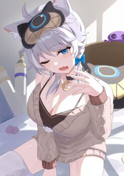 1girl absurdres anima_miko animal_ear_fluff animal_ears black_shirt blue_eyes blush breasts cat_ears cat_girl cipher_(honkai:_star_rail) cleavage commentary_request fang grey_hoodie highres honkai:_star_rail honkai_(series) hood hoodie looking_at_viewer medium_breasts medium_hair one_eye_closed shirt skin_fang sleep_mask solo