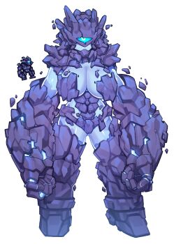 1girl armor blue_sclera blue_skin breasts colored_sclera colored_skin cyclops female_focus full_body golem granite_golem_(terraria) helmet highres large_breasts looking_at_viewer no_mouth nyong_nyong one-eyed personification reference_inset rock solo terraria white_background white_eyes