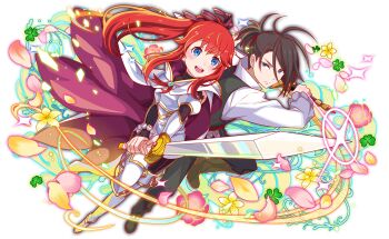 1boy 1girl anime_coloring armor armored_boots artist_request back-to-back black_collar black_jacket black_pants black_pantyhose black_ribbon black_sleeves blue_eyes blush boots bracelet bracer breastplate brown_footwear cape cloak closed_mouth clover collar collared_shirt crash_fever detached_sleeves dress dutch_angle floating_hair flower foreshortening frilled_sleeves frills full_body game_cg glint gloves grey_eyes hair_between_eyes half_updo high_collar high_ponytail holding holding_sword holding_weapon hood hooded_cloak jacket jewelry knee_boots light_particles long_hair long_sidelocks looking_at_viewer narrowed_eyes nose_blush number_print numbered official_art official_style open_mouth outline pants pantyhose parted_lips pendant pink_flower pink_petals pink_rose pinstripe_pantyhose pinstripe_pattern pinstripe_ribbon ponytail puffy_sleeves raised_eyebrows re:zero_kara_hajimeru_isekai_seikatsu red_hair red_outline red_ribbon ribbon rose shirt short_dress short_ponytail sidelocks sleeveless sleeveless_dress sleeveless_jacket sparkle square square_print striped_clothes striped_pantyhose sword tachi-e teeth theresia_van_astrea thigh_boots third-party_source tongue transparent_background turtleneck two-sided_cape two-sided_cloak two-sided_collar two-sided_fabric undershirt upper_teeth_only v-shaped_eyebrows vertical-striped_clothes vertical-striped_pantyhose weapon white_cape white_collar white_dress white_sleeves wilhelm_(re:zero) yellow_flower yellow_petals yellow_trim