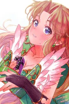 Rule 34 | 1girl, 2024, armor, artist name, blonde hair, blue eyes, blush, breasts, bridal gauntlets, cleavage, commentary request, dated, earrings, gift, gloves, gold trim, green helmet, green leotard, helmet, highres, holding, holding gift, holding unworn helmet, jewelry, leotard, long hair, medium breasts, parted bangs, parted lips, riesz, seiken densetsu, seiken densetsu 3, shoulder armor, sidelocks, solo, sweatdrop, taruneko2006, torn clothes, torn gloves, unworn headwear, unworn helmet, upper body, white background