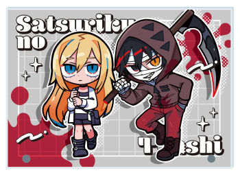 1boy 1girl bandaged_hand bandaged_head bandages black_boots black_shorts blonde_hair blood blood_on_clothes blood_stain blue_eyes boots border brown_boots brown_hoodie closed_mouth commentary_request copyright_name expressionless grey_background grid_background halftone hand_in_pocket holding holding_scythe hood hood_up hoodie isaac_foster jacket long_hair merchandise_available outline pants rachel_gardner red_pants satsuriku_no_tenshi scythe sharp_teeth shirt shorts striped_clothes striped_shirt teeth terada_tera white_border white_jacket white_outline zipper