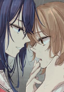 2girls after_kiss bite_mark blue_eyes blue_hair brown_eyes brown_hair crying face-to-face finger_to_mouth hand_on_another's_neck highres mogusan multiple_girls neckerchief oumi_shiori outdoors rain red_neckerchief sailor_collar short_hair streaming_tears tears watashi_wo_tabetai_hitodenashi wet yaotose_hinako yuri