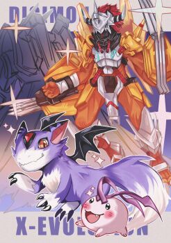 Rule 34 | absurdres, alphamon, blush, digicore interface, digimon, digital monster x-evolution, dorumon, fang, highres, open mouth, smile, sparkle, tokomon, tokomon x-antibody, wargreymon, wargreymon x-antibody