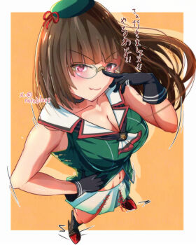 1girl adjusting_eyewear aqua_hat beret black_gloves black_hair blush breasts choukai_(kancolle) choukai_kai_ni_(kancolle) cleavage commentary_request glasses gloves gradient_clothes gradient_skirt hair_ornament hat headgear kantai_collection large_breasts long_hair looking_at_viewer midriff mini_hat navel noteblue pleated_skirt red_eyes rimless_eyewear skirt smile solo white_skirt yellow_background
