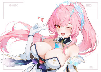 Rule 34 | 1girl, aemeath (wuthering waves), ahoge, alternate breast size (larger), bare shoulders, breasts, cleavage, commentary request, elbow gloves, gloves, hair ornament, heart, highres, large breasts, light blush, long hair, looking at viewer, one eye closed, open mouth, orange eyes, pink hair, ponytail, recording, smile, solo, star-shaped pupils, star (symbol), symbol-shaped pupils, ukiii, upper body, v, very long hair, viewfinder, white gloves, wuthering waves