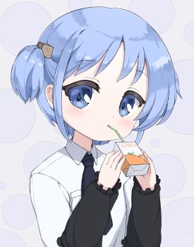 1girl black_necktie black_sleeves blue_eyes blue_hair bubble_background cube_hair_ornament dress_shirt drinking drinking_straw drinking_straw_in_mouth grey_background hair_ornament highres holding_juice_box juice juice_box naganohara_mio nakobon necktie nichijou orange_juice shirt short_hair short_twintails twintails white_shirt
