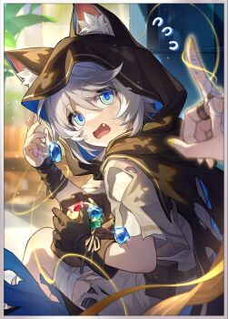 2girls aged_down aglaea_(honkai:_star_rail) animal_ear_fluff animal_ears animal_hood bag bandaged_arm bandaged_leg bandages belt belt_pouch black_cloak black_gloves blonde_hair blue_eyes blue_gemstone brown_belt cat_ears cat_girl cipher_(honkai:_star_rail) cipher_(in_pursuit_of_the_wind)_(honkai:_star_rail) cloak dress fang gem gloves green_gemstone grey_hair highres holding holding_bag honkai:_star_rail honkai_(series) hood hood_up hooded_cloak jewelry long_hair looking_at_another looking_back multiple_girls official_alternate_costume official_art out_of_frame pouch red_gemstone ring short_hair single_glove string string_of_fate sweatdrop third-party_source torn_clothes white_dress