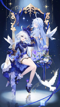 2girls absurdres asymmetrical_gloves bird black_gloves black_shoes blue_eyes blue_hair blue_hat blue_jacket closed_eyes different_reflection drop-shaped_pupils focalors_(genshin_impact) full_body furina_(genshin_impact) genshin_impact gloves hair_between_eyes hat highres issign jacket long_hair long_sleeves mirror mismatched_gloves mismatched_pupils multiple_girls musical_note open_mouth parted_lips pigeon reflection sheet_music shoes shorts smile socks symbol-shaped_pupils thigh_strap top_hat very_long_hair white_gloves white_hair white_shorts white_socks