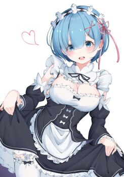 1girl apron black_bow black_skirt black_sleeves blue_eyes blue_hair bow breasts cleavage commentary_request detached_sleeves hair_ribbon heart high-waist_skirt highres maid mumei_rinnka open_mouth pink_ribbon re:zero_kara_hajimeru_isekai_seikatsu rem_(re:zero) ribbon short_hair skirt solo teeth thighhighs upper_teeth_only white_apron white_background white_thighhighs
