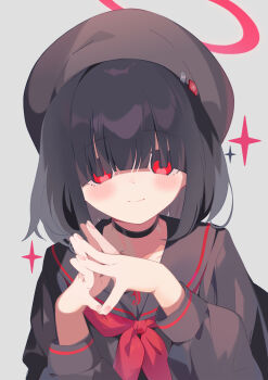 1girl absurdres beret black_choker black_hair black_serafuku blue_archive choker hair_over_eyes halo hat highres justice_task_force_member_(blue_archive) looking_at_viewer neckerchief red_eyes red_halo red_neckerchief school_uniform serafuku simple_background solo teoskyrios