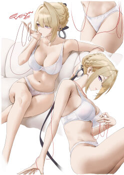 1girl absurdres bra braid braided_bun breasts character_name cleavage commentary crossed_legs duplicate english_commentary evelyn_chevalier hair_bun highres large_breasts multiple_views navel panties parted_lips pixel-perfect_duplicate purple_eyes salmon88 signature simple_background sitting stomach string thighs underwear underwear_only white_background white_bra white_panties zenless_zone_zero