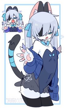 1boy :o animal_ear_fluff animal_ears arched_back armpit_crease bare_shoulders black_choker black_leotard black_skirt black_thighhighs blue_bow blue_bowtie blue_cardigan blue_eyes blue_hair blue_ribbon blush body_fur bow bowtie bulge cardigan cat_boy cat_ears cat_tail chibi choker claw_pose collarbone colored_tips commentary covered_navel cowboy_shot crossdressing crossdressing_(mtf) detached_collar double-parted_bangs eyepatch fang flipped_hair from_side furrification furry furry_male grey_tail hair_between_eyes hair_bow hand_up hands_up heart highres leotard light_blush long_hair long_sleeves looking_at_viewer male_focus multicolored_hair multiple_views no_nose off_shoulder one_eye_covered op_na_yarou open_cardigan open_clothes open_mouth original quad_tails raised_inner_eyebrows red_hair ribbon rigel_(op_na_yarou) see-through_clothes see-through_skirt sidelocks simple_background skin_fang skirt sleeves_past_fingers sleeves_past_wrists standing straight_hair strapless strapless_leotard tail tail_ornament tail_ribbon thighhighs thighs trap upper_body very_long_hair watermark white_background white_fur white_hair