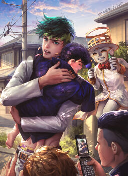 5boys aged_down baby_bottle belt black_belt blonde_hair bottle carrying cellphone child_carry diamond_wa_kudakenai earrings flip_phone gakuran gloves green_hair grin heaven&#039;s_door higashikata_josuke highres hirose_koichi holding holding_phone jacket jewelry jojo_no_kimyou_na_bouken kdash kishibe_rohan long_sleeves male_focus male_underwear male_underwear_peek midriff multiple_boys navel nijimura_okuyasu open_mouth outdoors phone rattle scar scar_on_face school_uniform smile stand_(jojo) time_paradox undercut underwear utility_pole white_gloves white_jacket